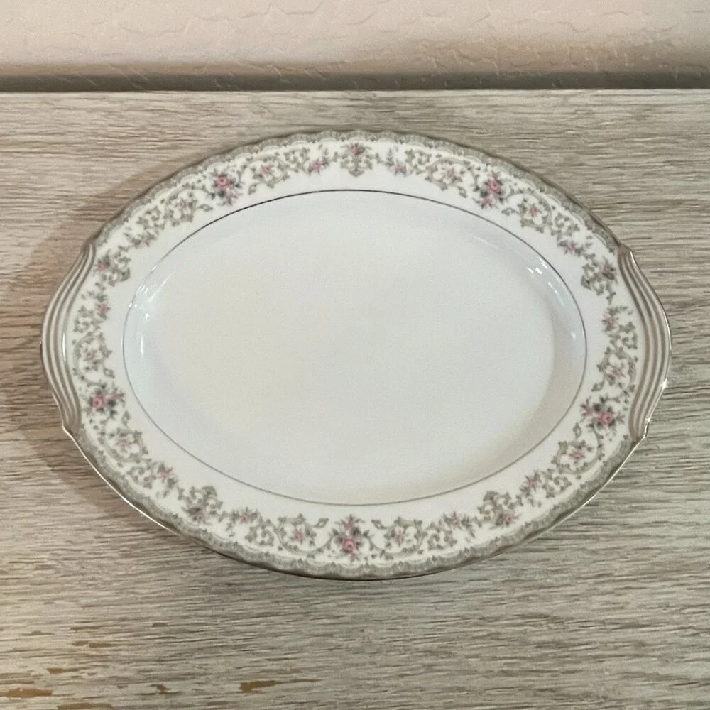 Noritake China Edgewood 5807 Platter Serving Oval Rose Floral Silver